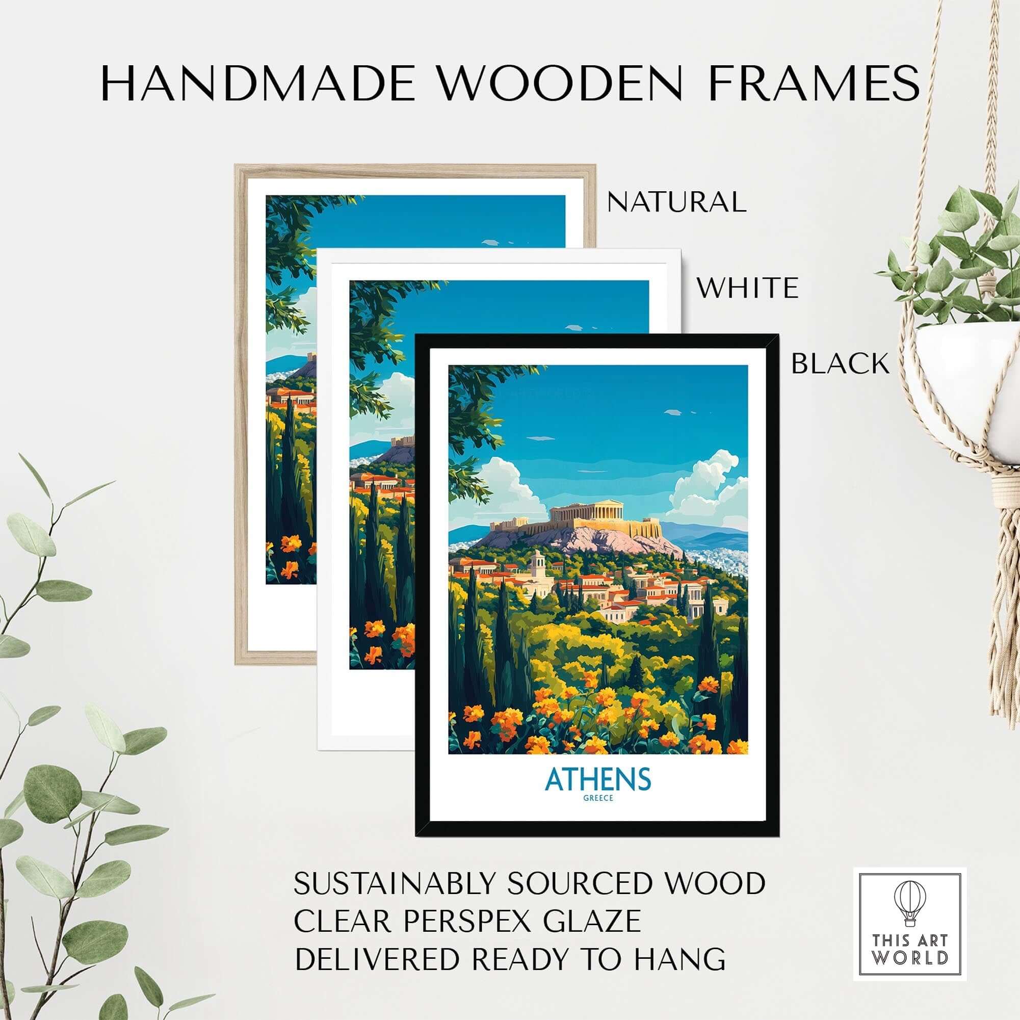 Handmade wooden frames in natural, white, and black for Athens Travel Poster, featuring sustainably sourced wood and ready-to-hang design.