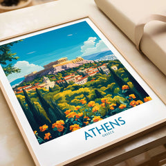 Athens Travel Poster showcasing vibrant cityscape with the Acropolis surrounded by greenery and flowers.