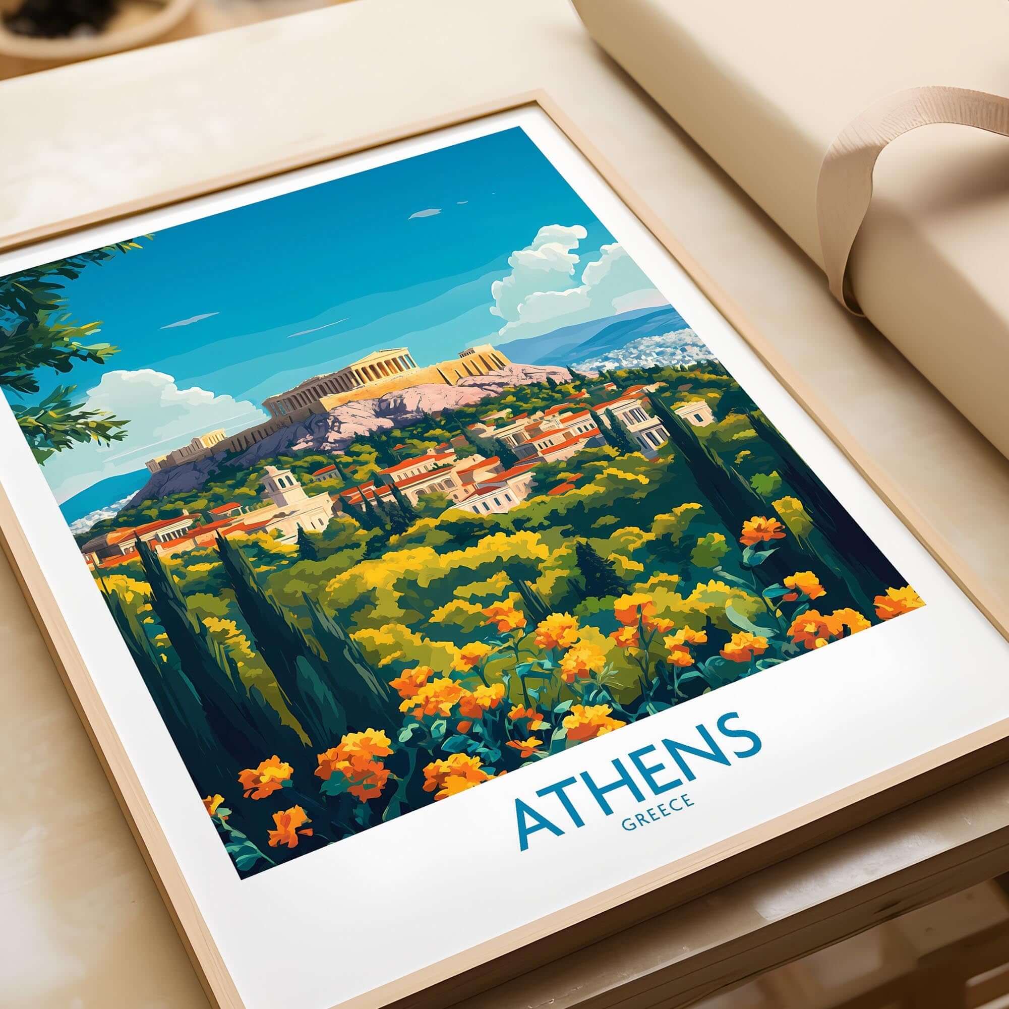 Athens Travel Poster showcasing vibrant cityscape with the Acropolis surrounded by greenery and flowers.