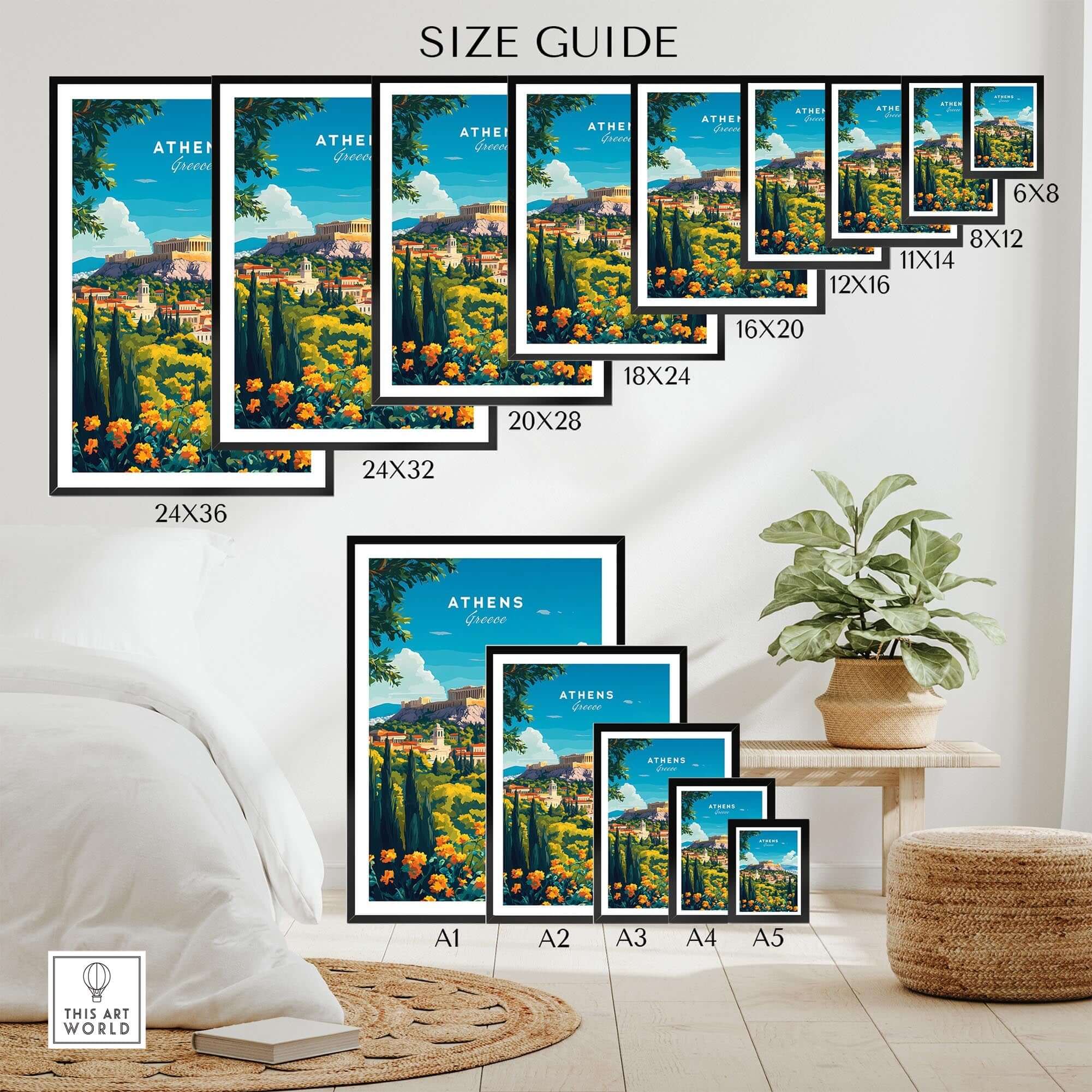 Athens Travel Print size guide showing various dimensions for displaying the stunning Athens Travel Print.