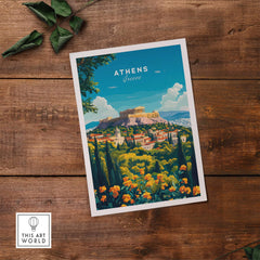 Athens Travel Print showcasing the vibrant landscape of Athens, Greece with historical monuments and colorful flowers.