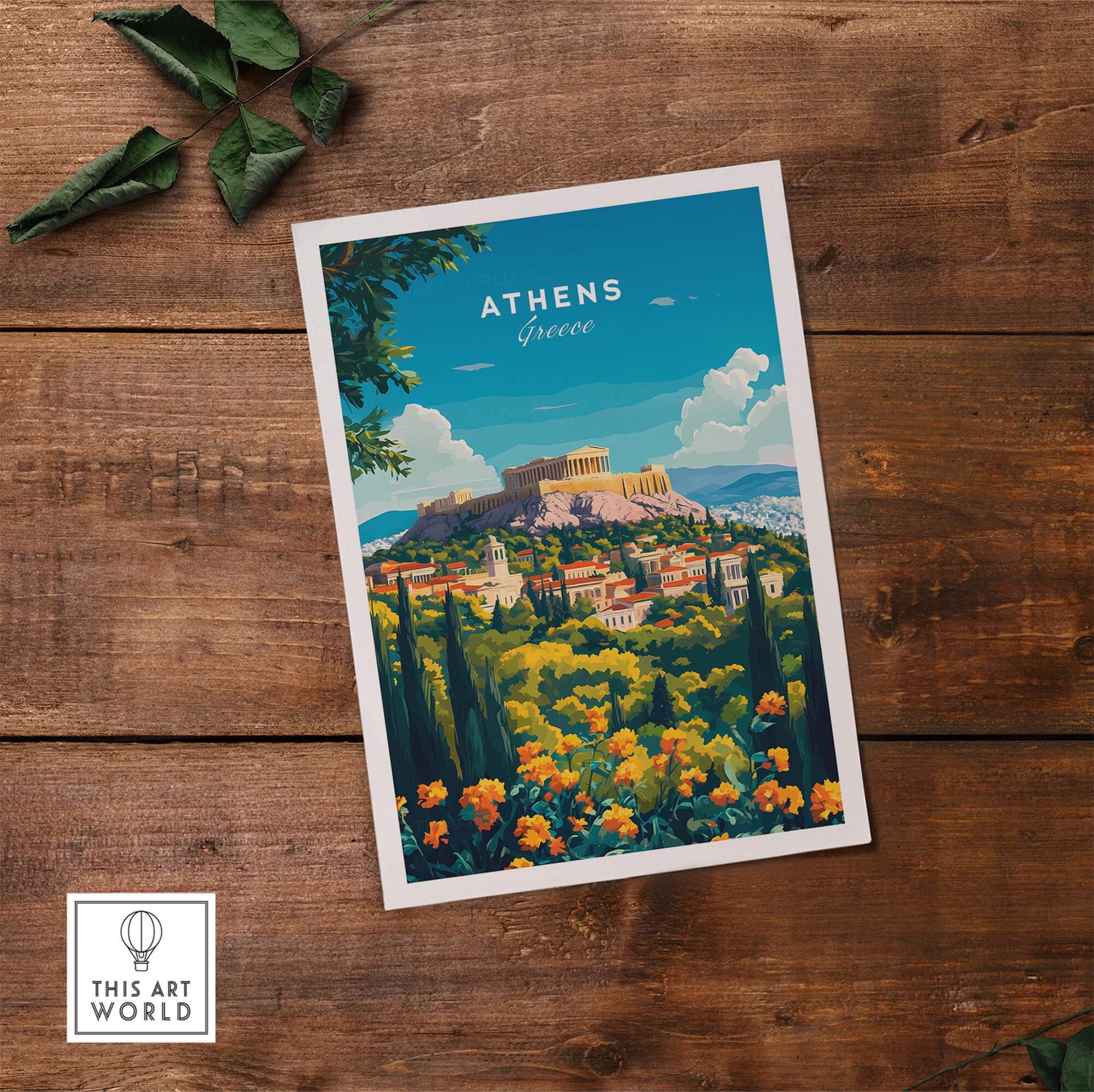 Athens Travel Print showcasing the vibrant landscape of Athens, Greece with historical monuments and colorful flowers.