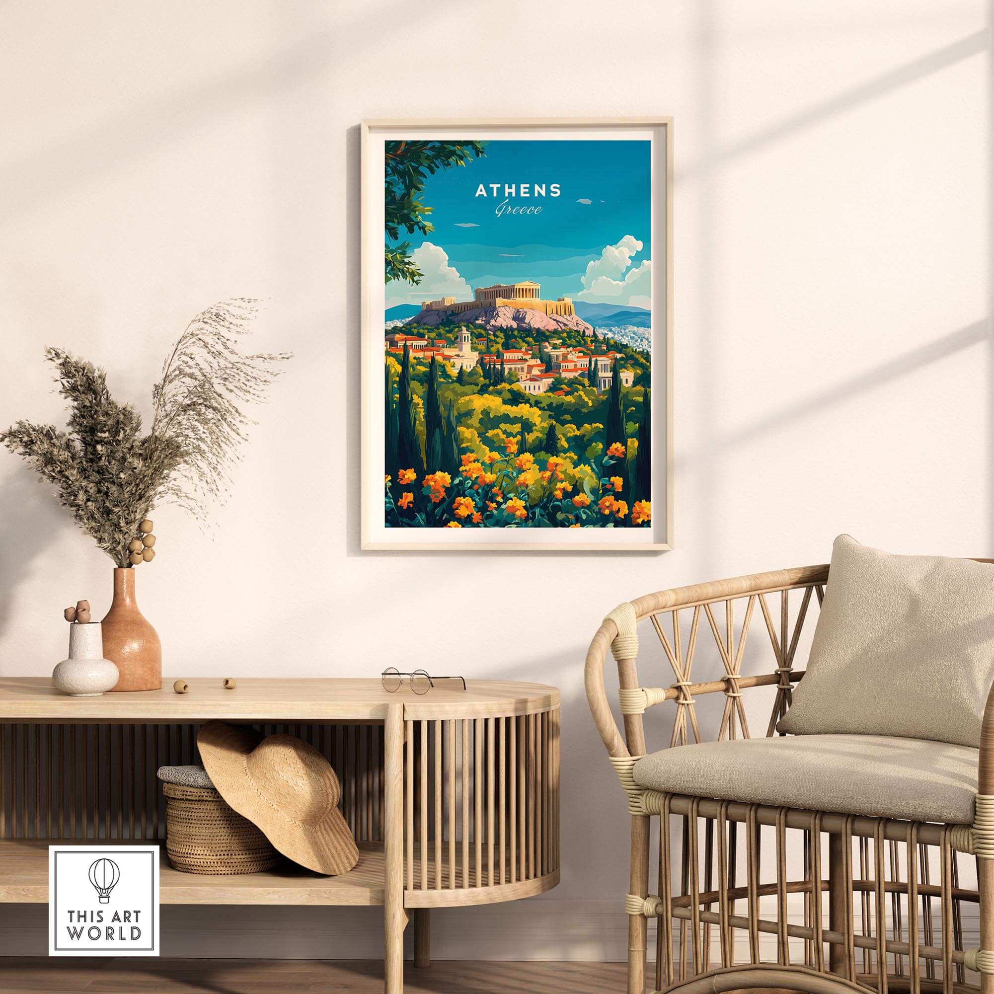 Athens Travel Print featuring a vibrant artwork of Athens in a stylish home setting
