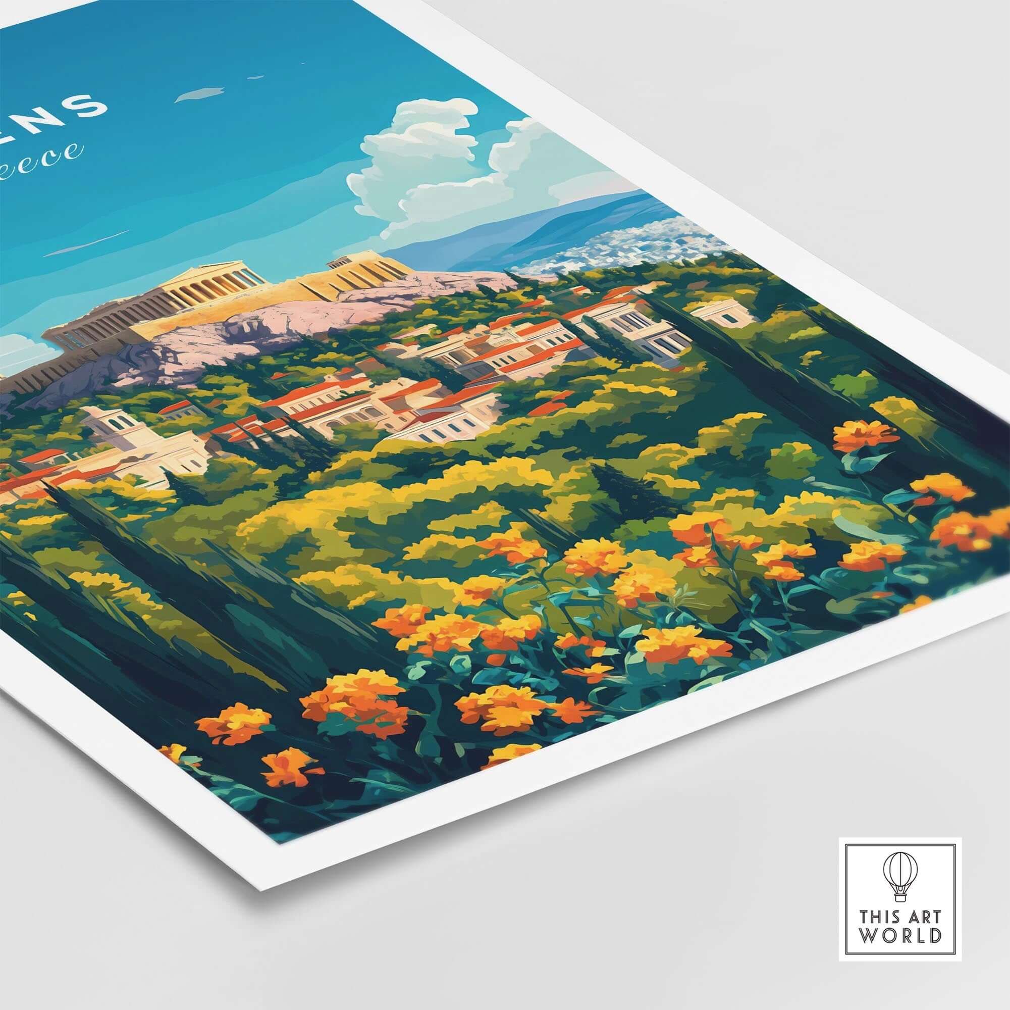 Athens Travel Print featuring vibrant greenery and historical landmarks of Athens, Greece