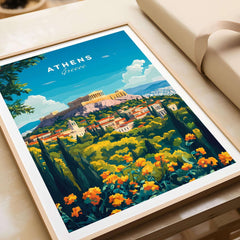 Athens Travel Print showcasing a vibrant view of Athens with the Acropolis amidst lush greenery and colorful flowers.