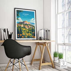 Athens Travel Print showcased in a modern workspace, vibrant colors highlighting the beauty of Athens.