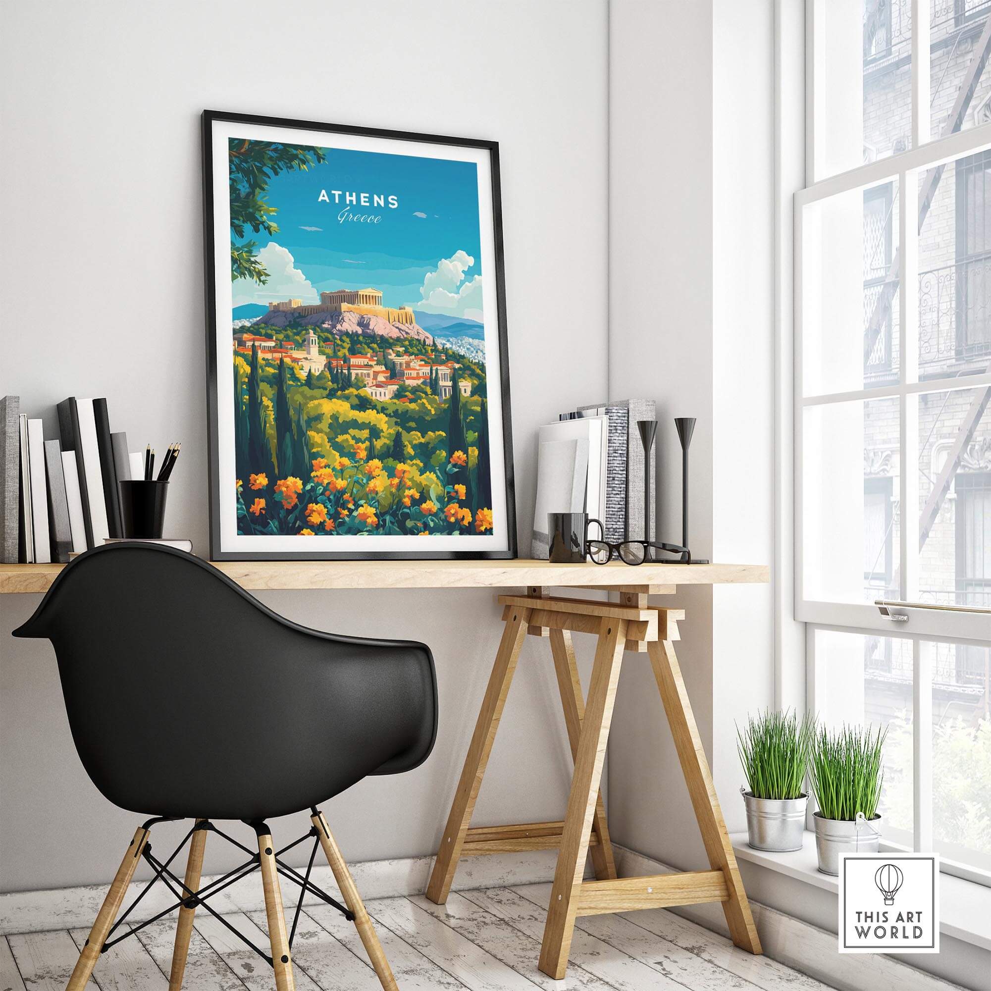 Athens Travel Print showcased in a modern workspace, vibrant colors highlighting the beauty of Athens.