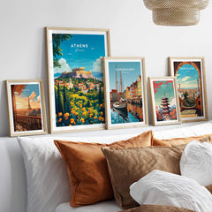 Athens Travel Print featuring vibrant Greece landscape posters arranged in a stylish home decor setting.
