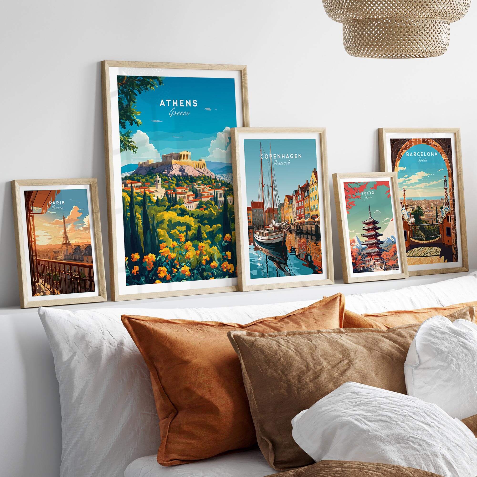 Athens Travel Print featuring vibrant Greece landscape posters arranged in a stylish home decor setting.
