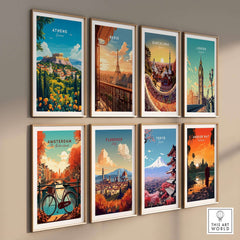 Athens Travel Print along with other city travel posters framed on a wall, showcasing vibrant art of world destinations.
