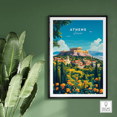 Athens Travel Print showcasing a vibrant view of Athens, Greece with flowers and greenery.
