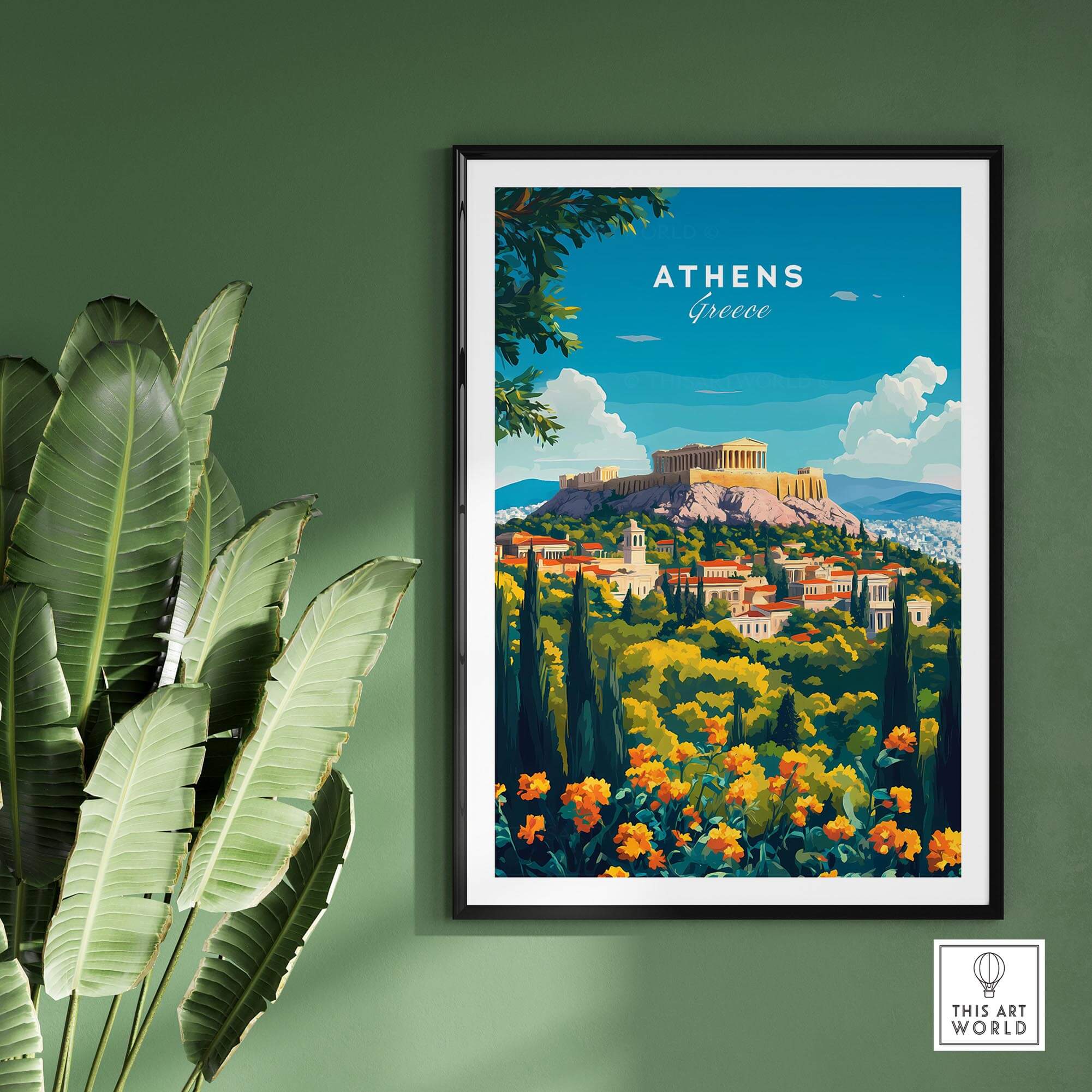 Athens Travel Print showcasing a vibrant view of Athens, Greece with flowers and greenery.