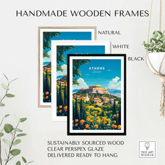 Athens Travel Print framed in handmade wooden frames available in natural, white, and black colors.