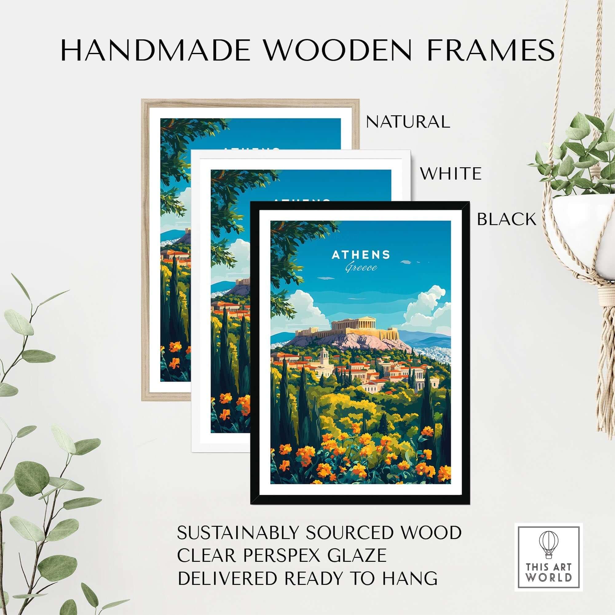 Athens Travel Print framed in handmade wooden frames available in natural, white, and black colors.
