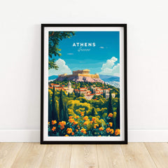 Athens Travel Print showcasing the Acropolis and vibrant scenery of Athens, Greece in a colorful travel poster design.