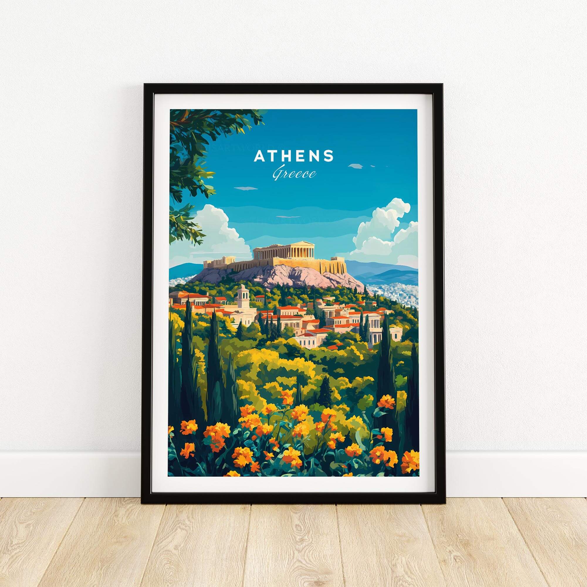 Athens Travel Print showcasing the Acropolis and vibrant scenery of Athens, Greece in a colorful travel poster design.