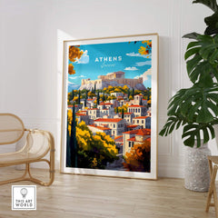 Athens Wall Art featuring the Acropolis, colorful cityscape, and lush greenery, perfect for home decor and travel enthusiasts.