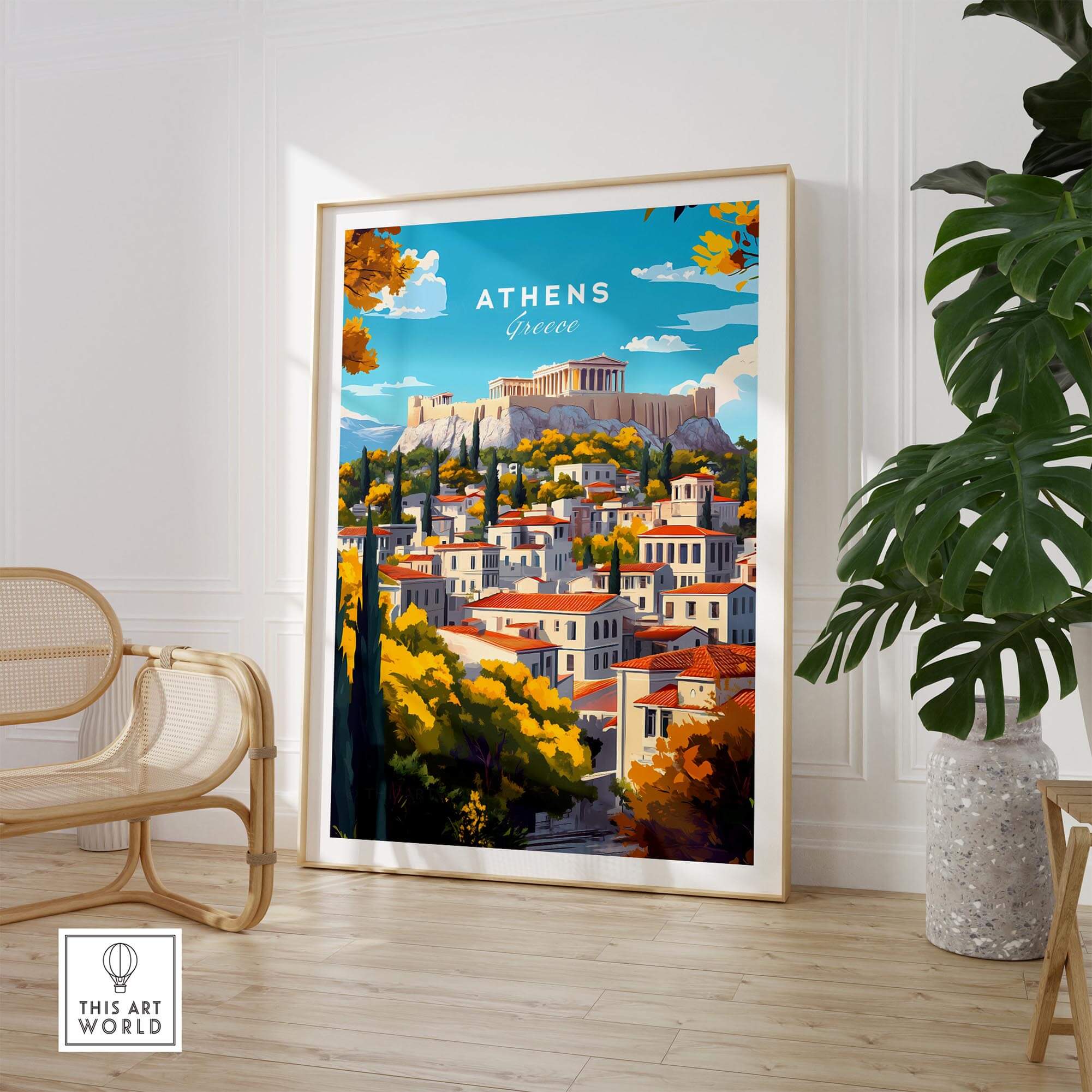 Athens Wall Art featuring the Acropolis, colorful cityscape, and lush greenery, perfect for home decor and travel enthusiasts.