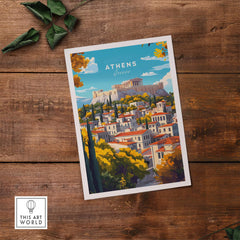 Athens Wall Art featuring a colorful illustration of the Acropolis and cityscape of Athens, Greece.