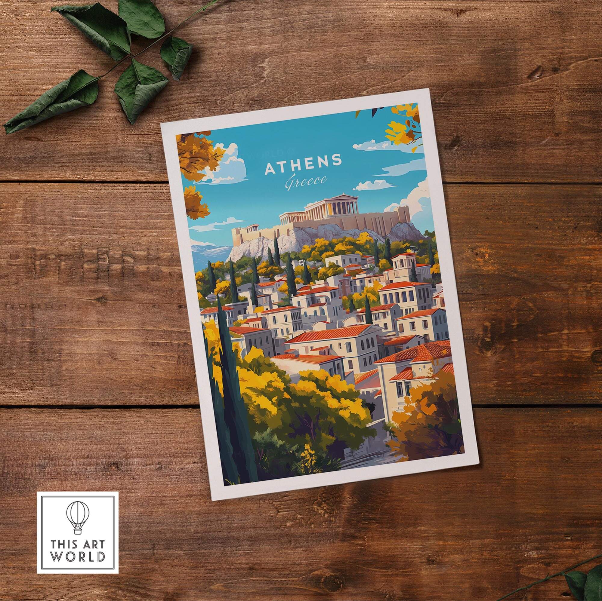 Athens Wall Art featuring a colorful illustration of the Acropolis and cityscape of Athens, Greece.