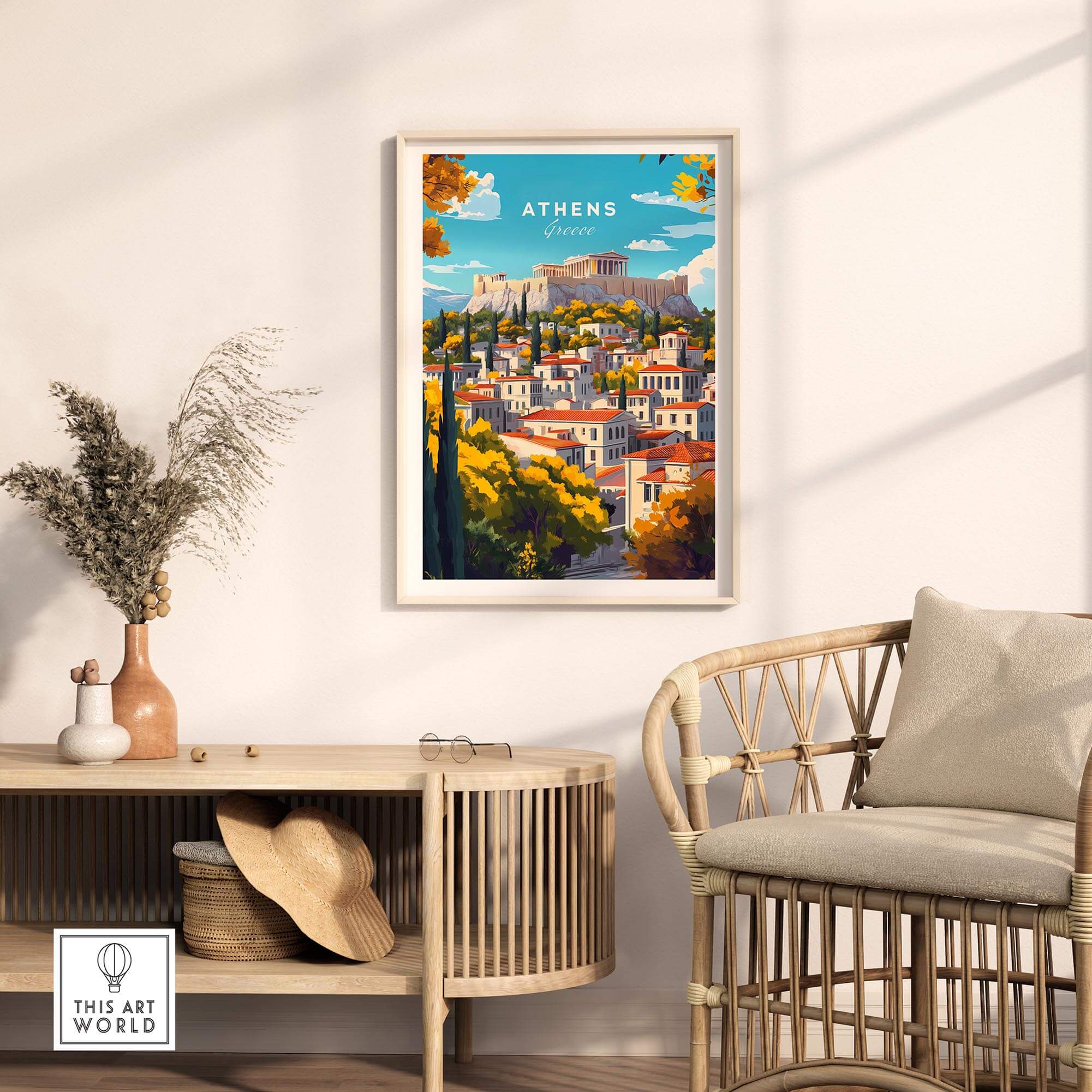 Athens Wall Art featuring a scenic view of Athens with the Acropolis in the background, perfect for home decor.