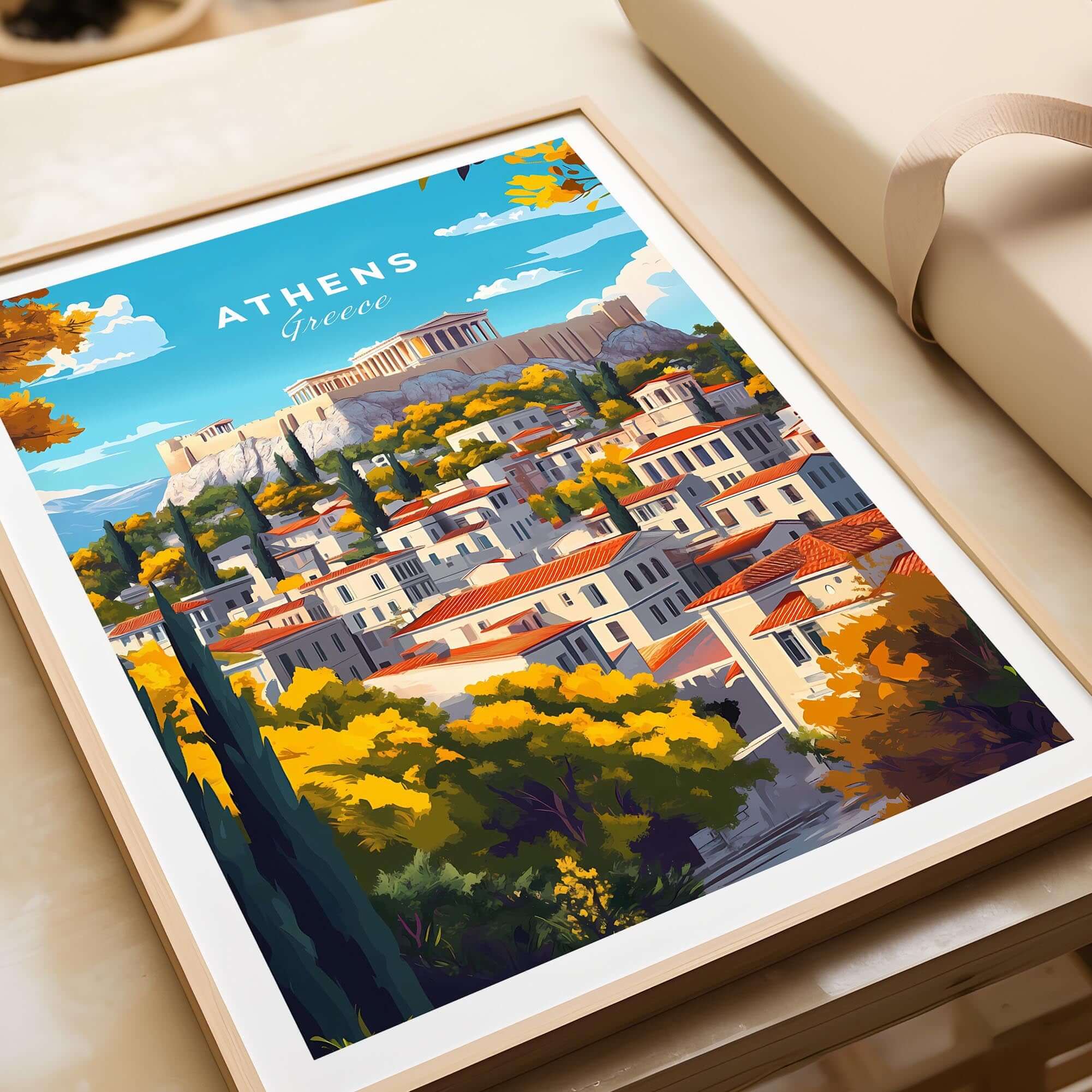 Athens Wall Art featuring a vibrant illustration of Athens with the Acropolis in the background and colorful houses.