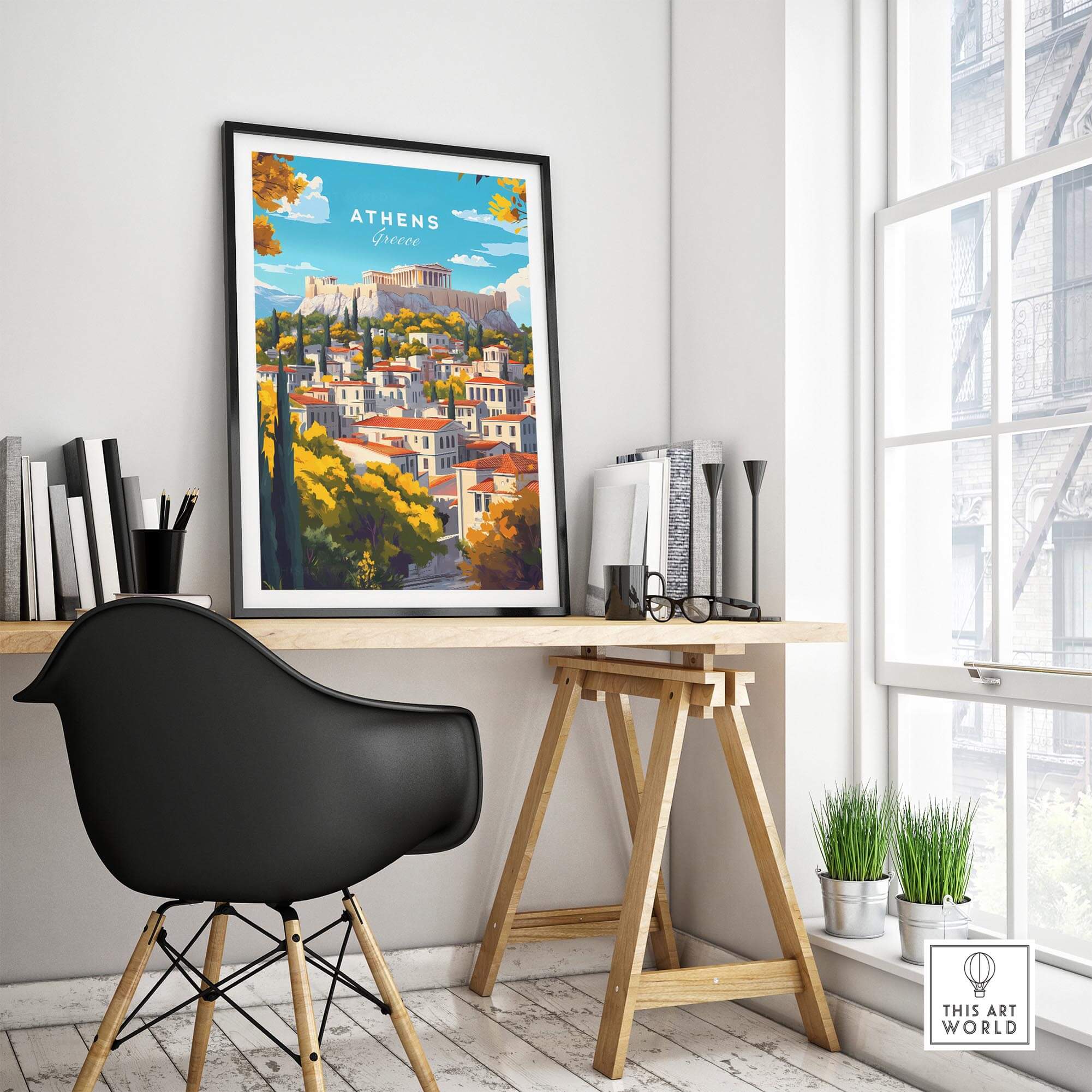 Athens Wall Art framed poster showcasing the Acropolis and vibrant cityscape in a stylish modern interior.