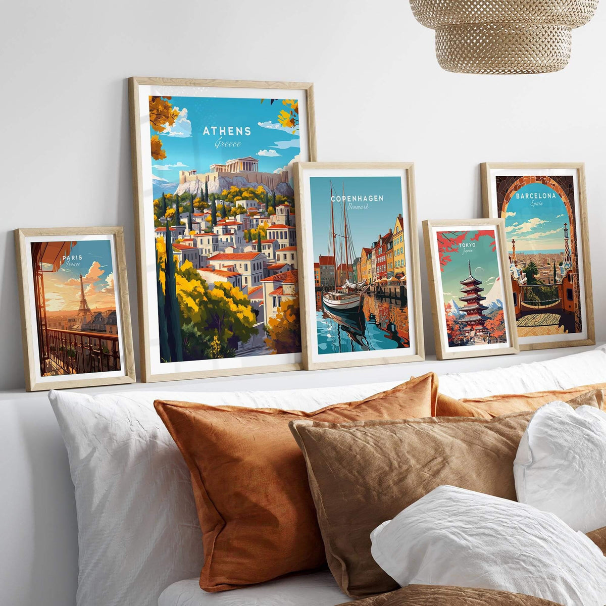 Athens Wall Art featuring stunning travel posters of iconic cityscapes including the Parthenon and Acropolis.