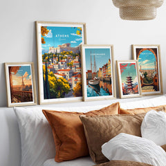 Athens Wall Art featuring stunning travel posters of iconic cityscapes including the Parthenon and Acropolis.