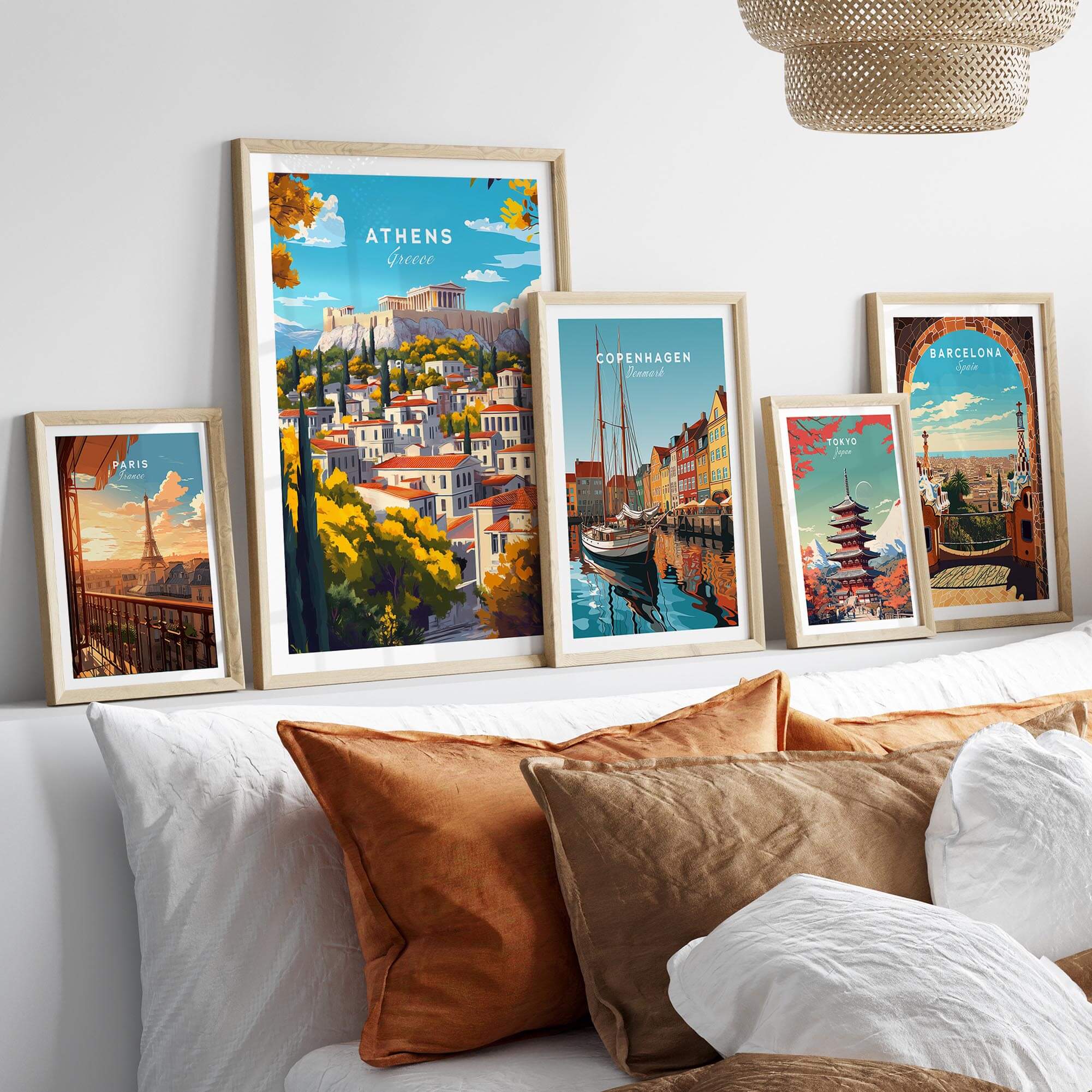 Athens Wall Art featuring stunning travel posters of iconic cityscapes including the Parthenon and Acropolis.