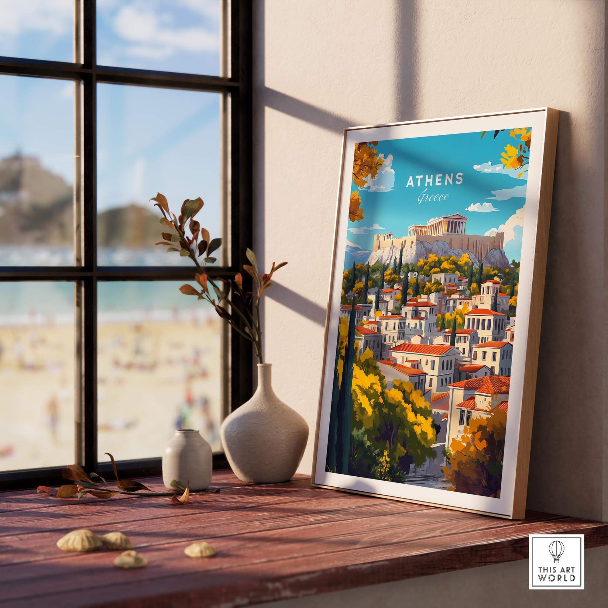 Athens Wall Art featuring a vibrant view of the Acropolis and cityscape, perfect for home decor enthusiasts.