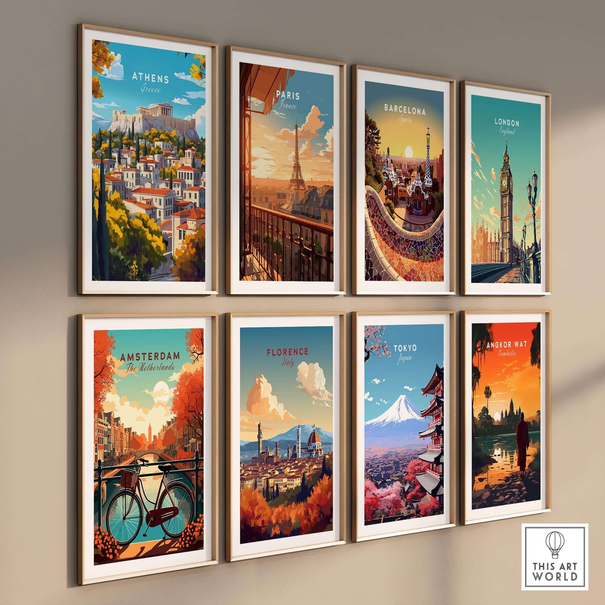 Athens Wall Art collection featuring travel posters from iconic cities like Paris, Barcelona, and London.