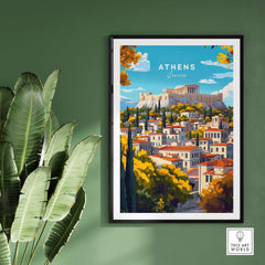 Athens Wall Art showcasing the Parthenon and colorful cityscape of Athens, Greece on a green wall.