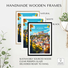 Athens Wall Art displayed in handmade wooden frames in natural, white, and black colors featuring the Acropolis.