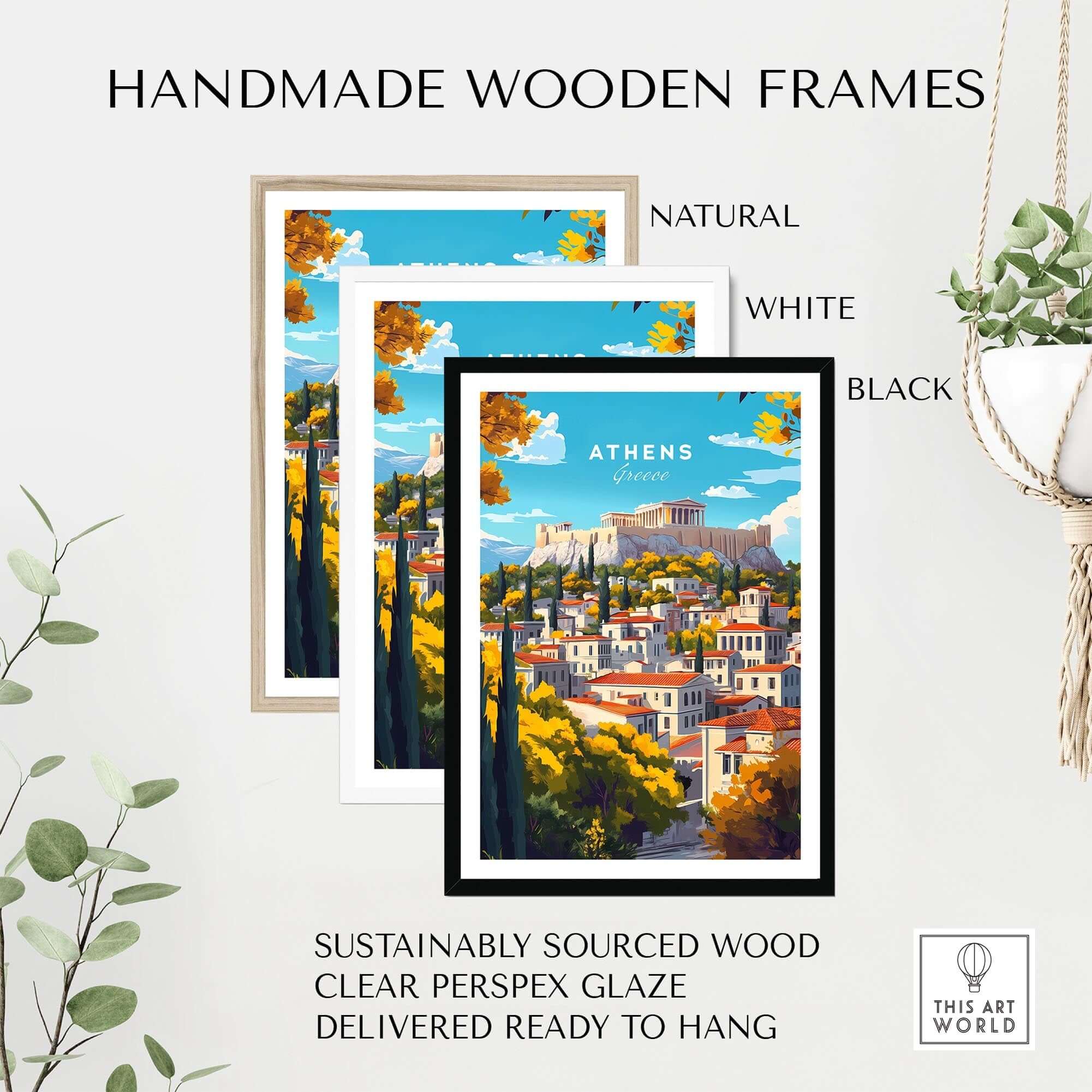 Athens Wall Art displayed in handmade wooden frames in natural, white, and black colors featuring the Acropolis.