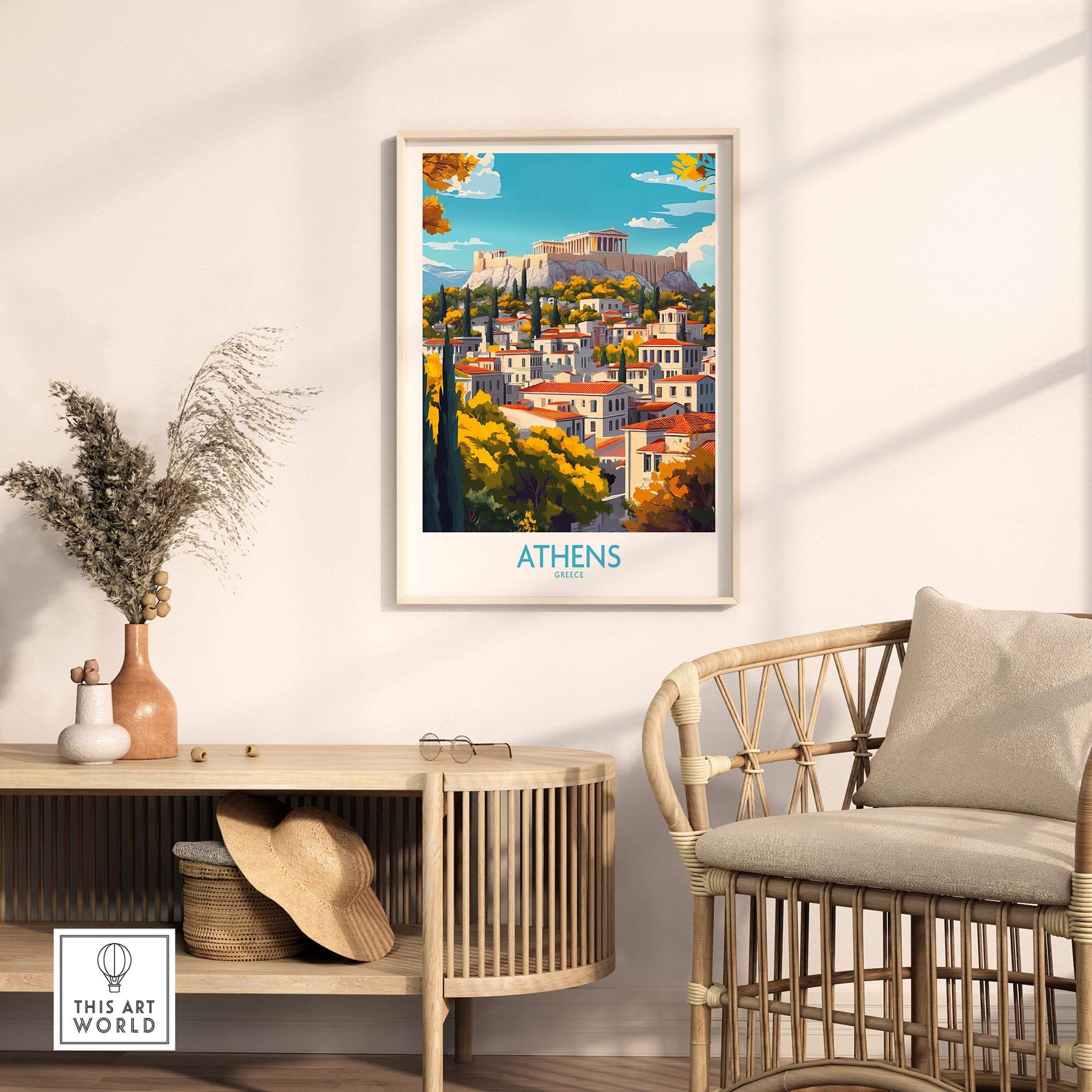 Athens Wall Art Print showcasing the Acropolis in a colorful home decor setting.
