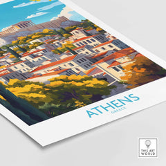 Athens Wall Art Print featuring a colorful illustration of Athens with the Acropolis in the background, perfect for decor.