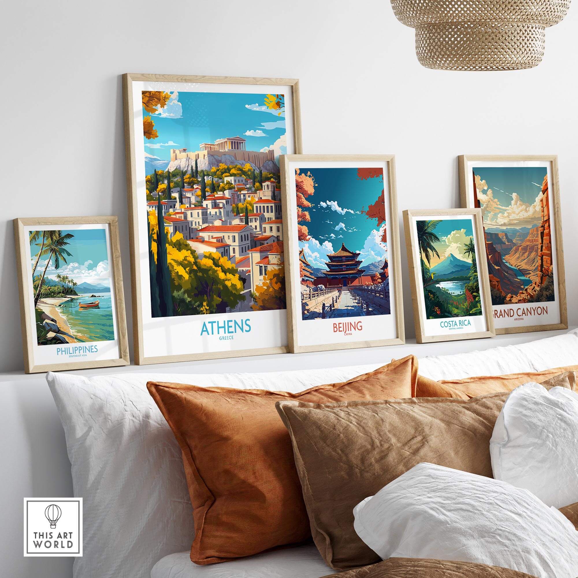 Athens Wall Art Print displayed among other travel-themed art prints in a stylish home decor setting.