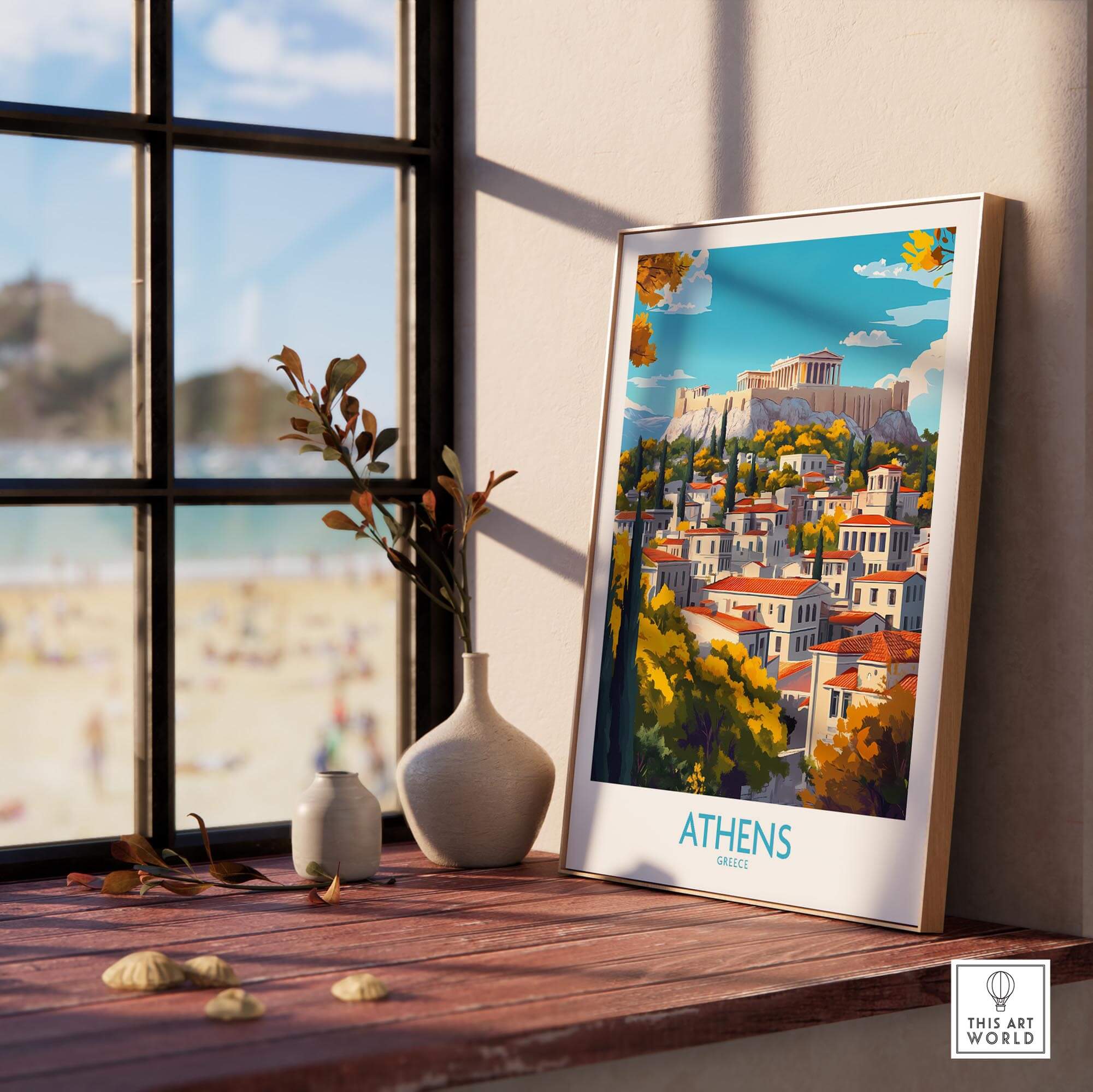Athens Wall Art Print featuring the Acropolis, vibrant colors, and a scenic view for elegant home decor.