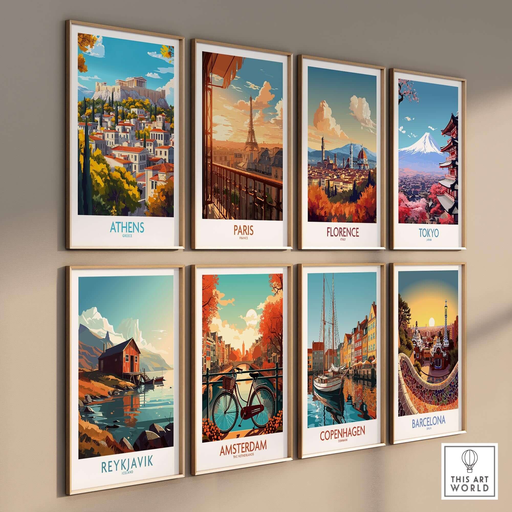 Athens Wall Art Print and other city-themed poster prints displayed on a wall, depicting iconic landmarks.