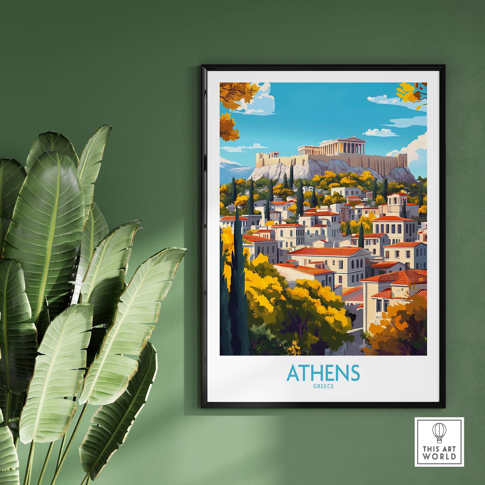 Athens Wall Art Print featuring the Acropolis and vibrant cityscape of Athens, perfect for home decor.