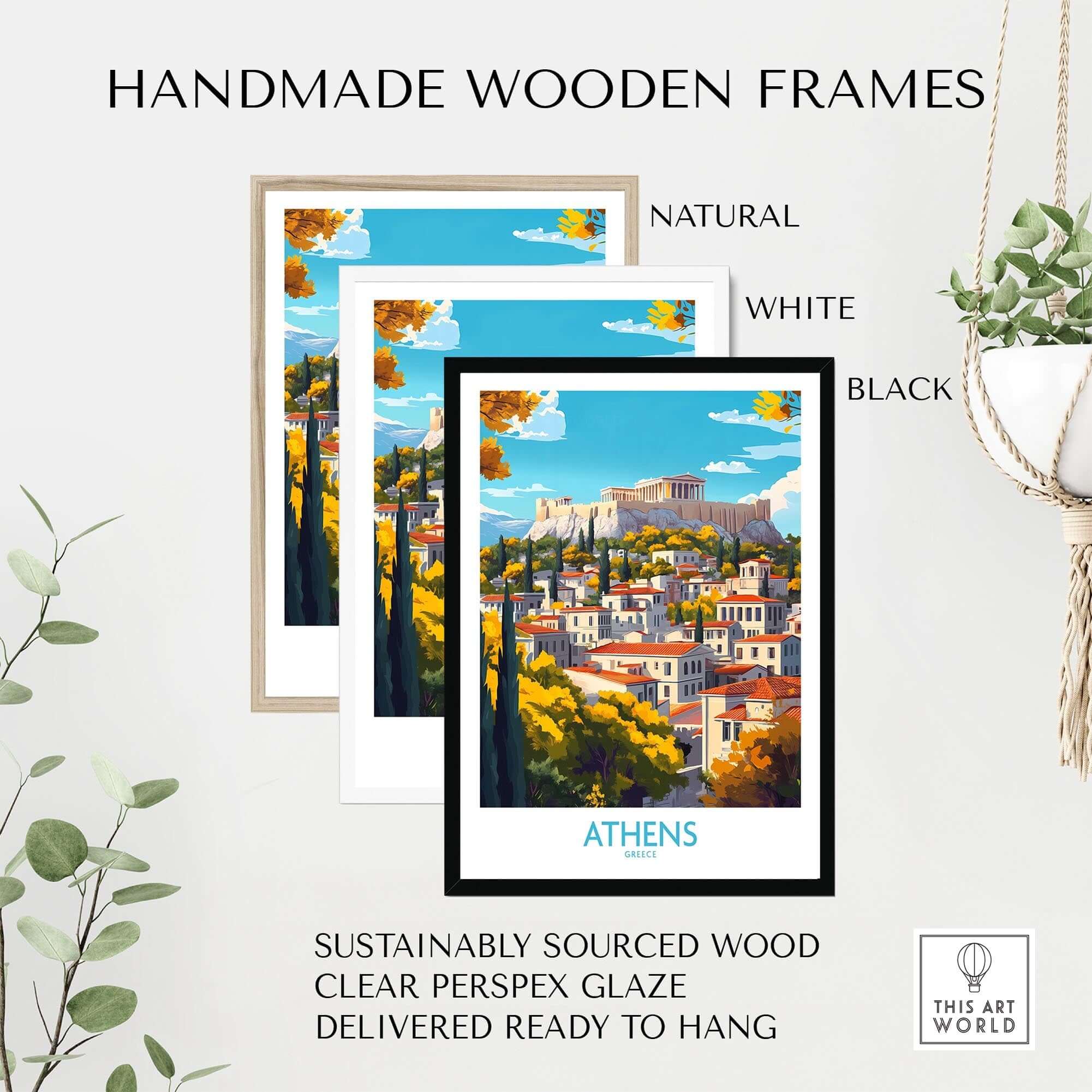 Athens Wall Art Print displayed in handmade wooden frames in natural, white, and black colors with a vibrant Athens design.