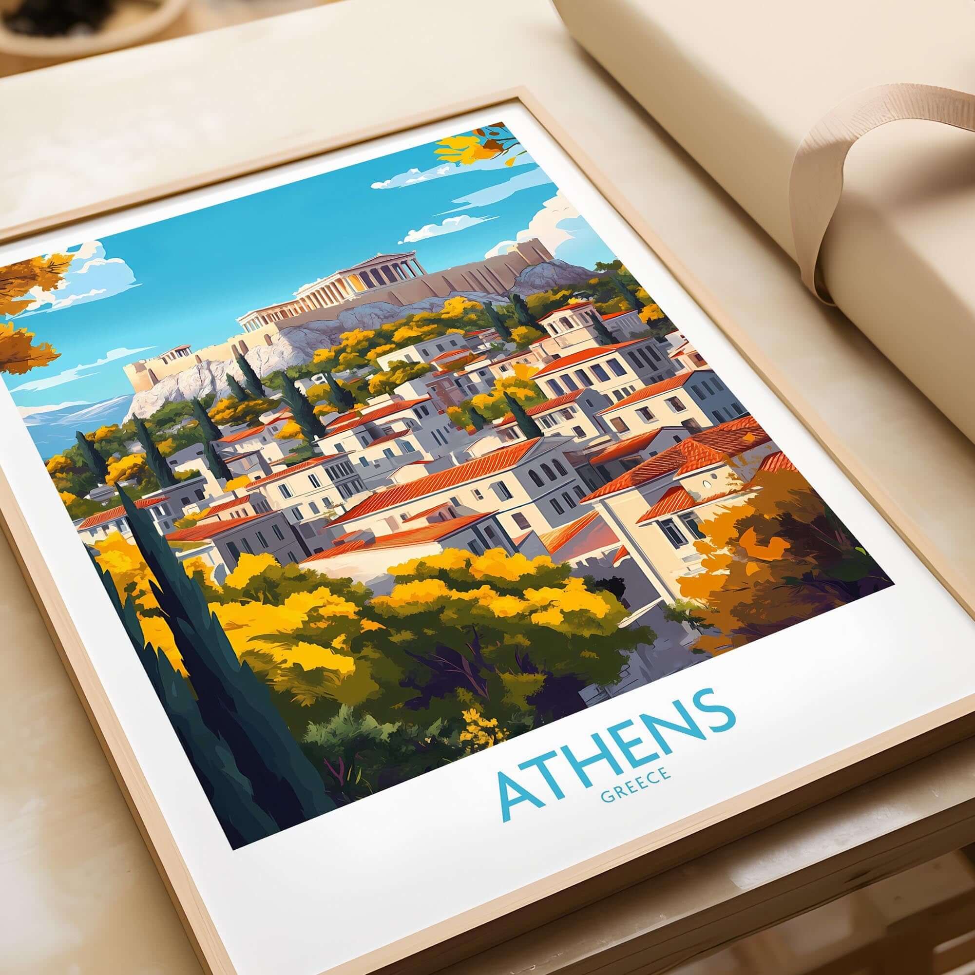Athens Wall Art Print showcasing the Acropolis and Parthenon in vibrant colors, perfect for home decor.