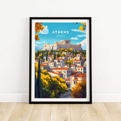 Athens Wall Art featuring the iconic Acropolis and colorful buildings of Athens, Greece in vibrant illustration