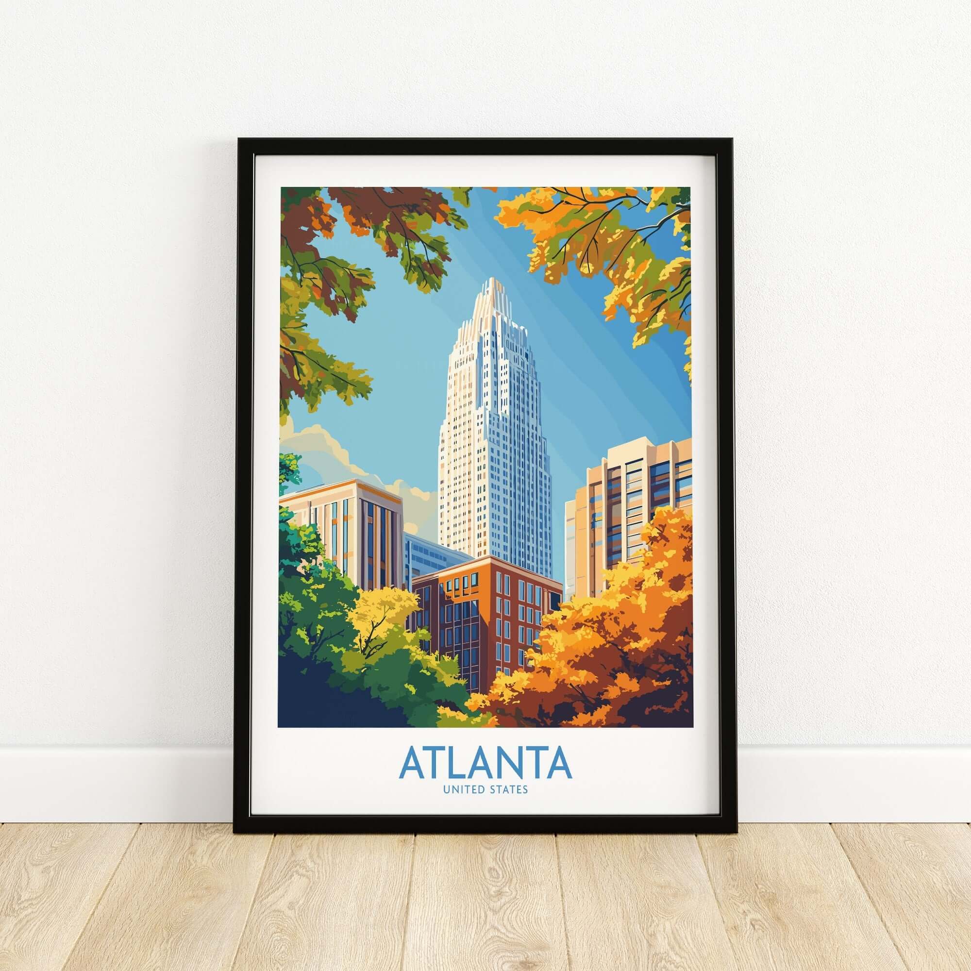 Atlanta Art Print showcasing a vibrant cityscape of Atlanta with colorful autumn foliage.