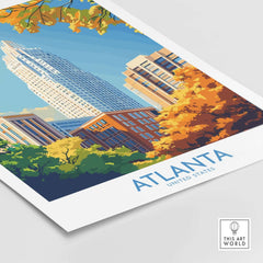 Atlanta Art Print featuring a vibrant cityscape with colorful autumn trees and iconic buildings.