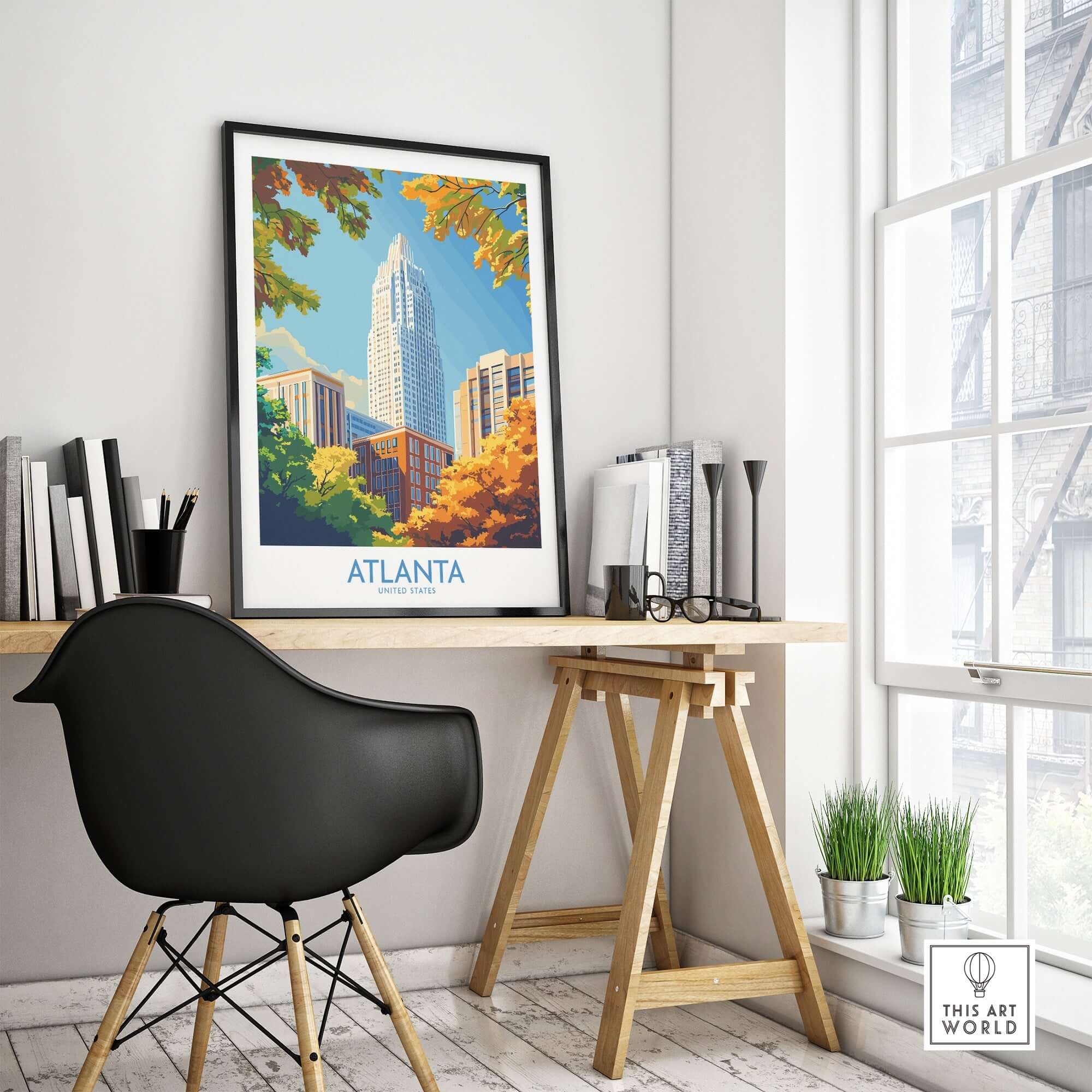 Atlanta Art Print showcasing a vibrant cityscape on an office wall, adding color and pride to the workspace.