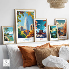 Atlanta Art Print displayed among other travel-themed art prints in a stylish home setting.