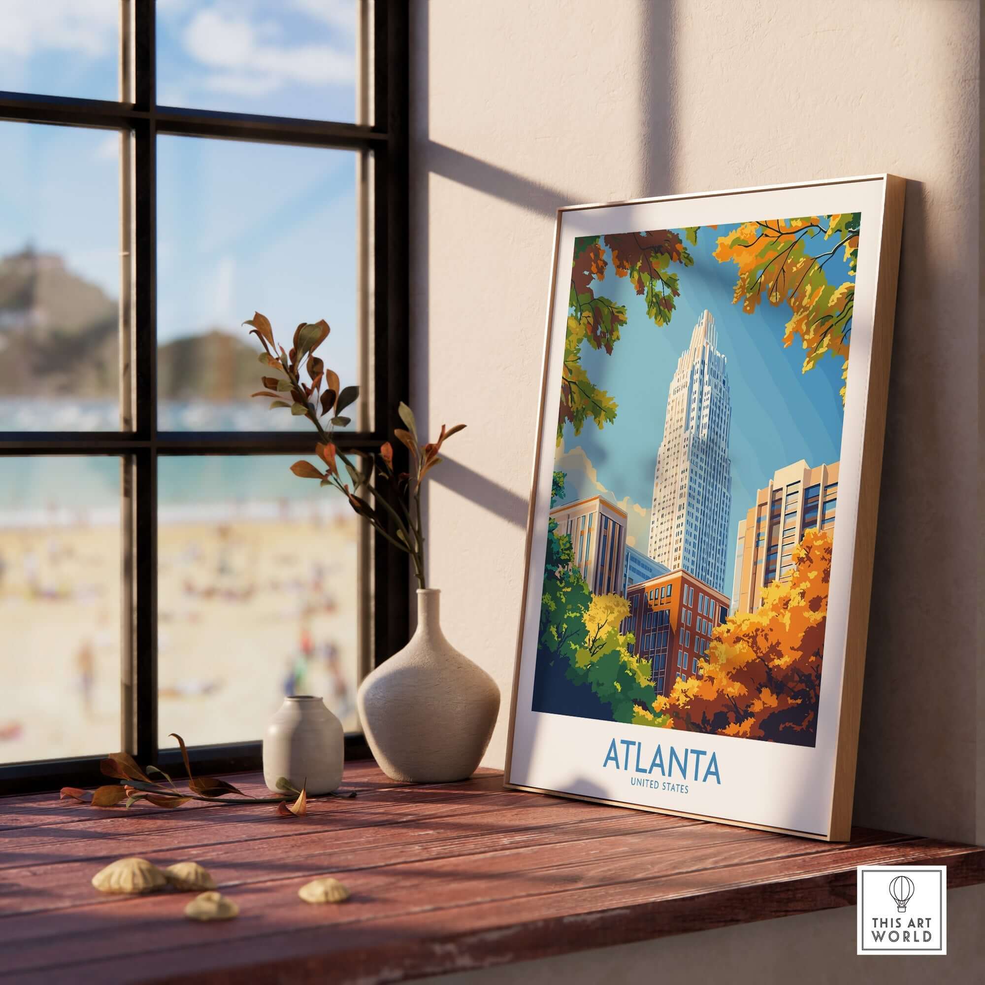 Atlanta Art Print showcasing a vibrant cityscape with autumn foliage in a sunlit room.