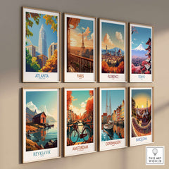 Atlanta Art Print displayed among vibrant cityscapes including Paris, Florence, and Tokyo, showcasing city pride.